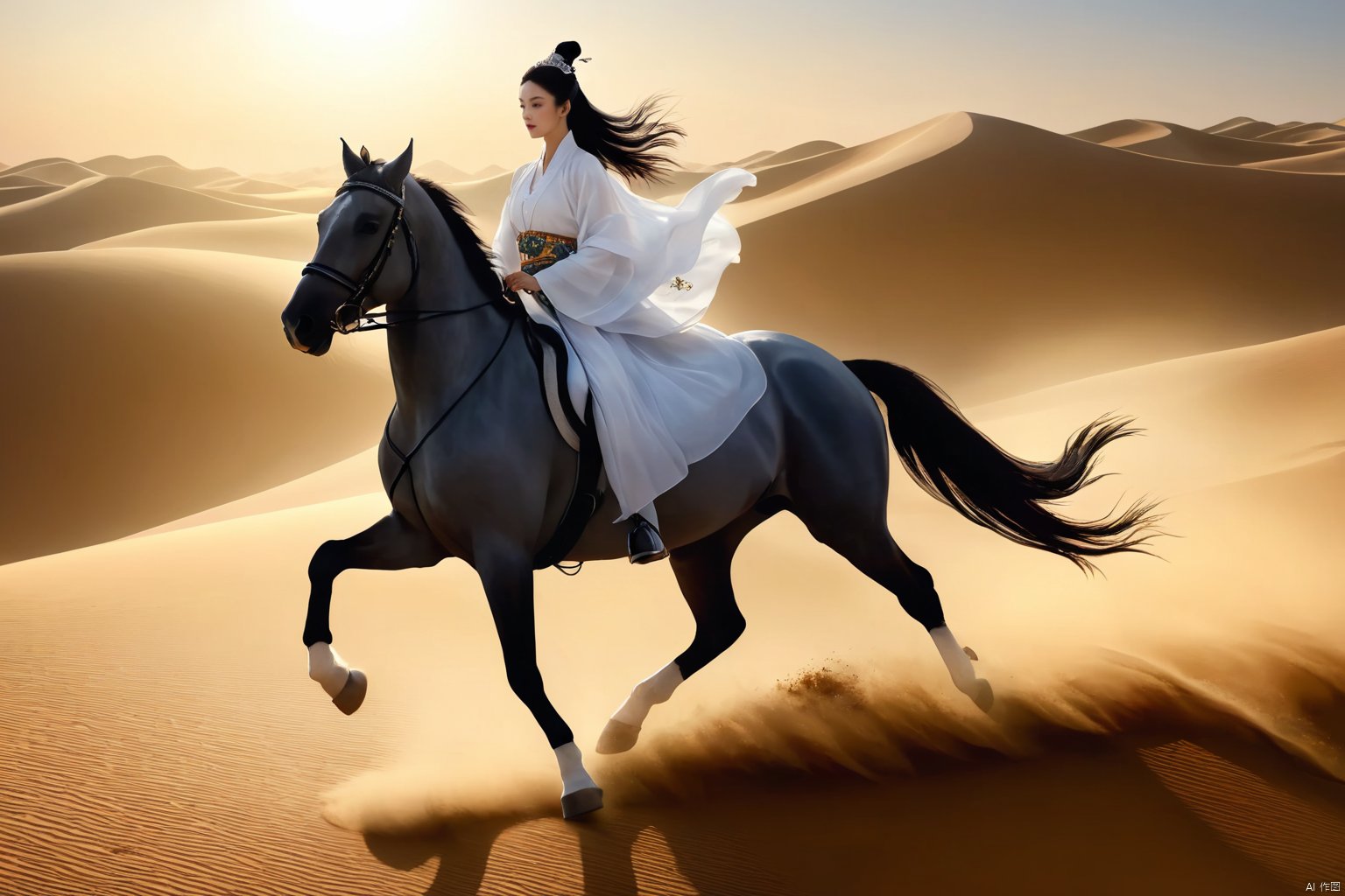 1girl,solo,black hair,hair ornament,hair bun,chinese clothes ,single hair bun,riding,horse,hors,eback riding,
A solitary girl, with cascading black tresses gathered into a sleek single hair bun enhanced by a striking hair ornament, rides confidently through the vast desert landscape. Dressed in exquisite Chinese attire, her traditional garb stands out against the arid backdrop, exemplifying a harmonious blend of grace and strength.
﻿As she navigates the sandy terrain on horseback, the sun casts long shadows across the dunes, accentuating the fine details of her flowing robes and the intricate craftsmanship of her hair accessory. With every stride her horse takes, the rhythm of hoof beats echoes in the stillness of the desert, underscoring her prowess in horseback riding.
﻿This captivating scene depicts a modern heroine embracing her Chinese heritage while demonstrating her independence and mastery over the elements—a solitary figure riding through the desert, her presence and poise blending seamlessly with the timeless majesty of her surroundings.