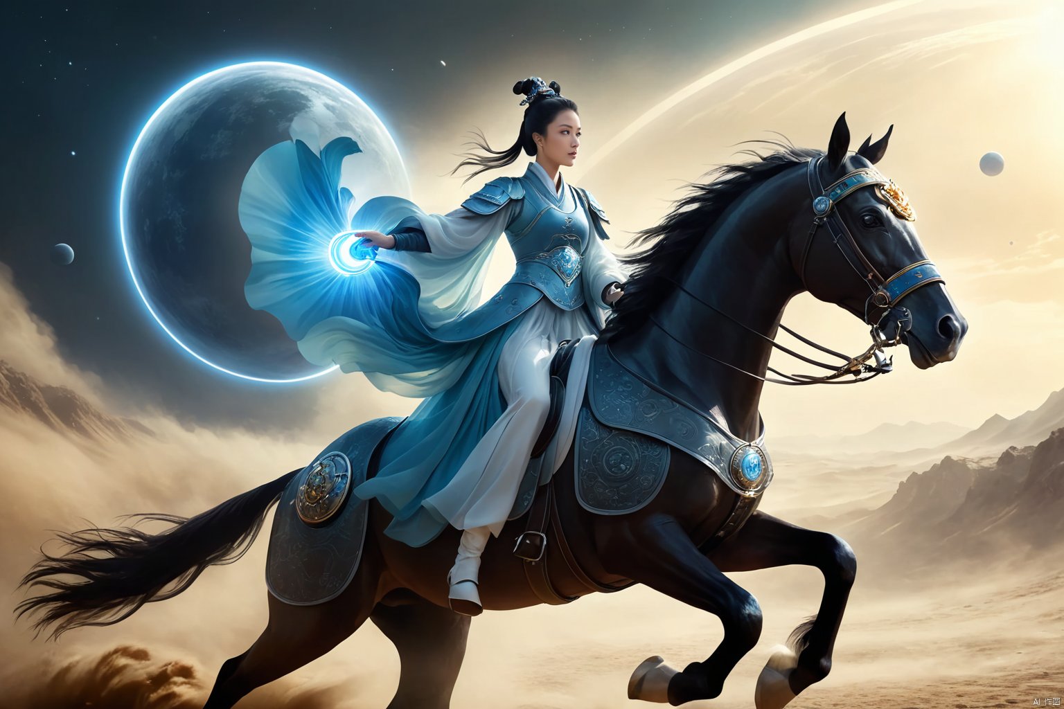 1girl,solo,black hair,hair ornament,hair bun,chinese clothes ,single hair bun,riding,horse,hors,eback riding,The girl is riding on a mechanical warhorse, with an alien spacecraft in the background,
A solitary young woman, her long black hair tied up in a sleek, single hair bun accentuated by a dazzling hair ornament, is dressed in authentic Chinese garb that speaks volumes about her cultural heritage. Riding not just any ordinary horse, but a futuristic mechanical warhorse, she stands out against the stark contrast of her surroundings. 
Against the backdrop of an extraterrestrial spacecraft hovering majestically in the distance, this scene encapsulates a fascinating blend of ancient traditions and advanced technology. The girl's confident stance on her high-tech mount symbolizes a seamless integration of the past and the future, where oriental aesthetics meets sci-fi fantasy.
As she navigates the unknown terrain, her equestrian skills adapt seamlessly to the mechanical creature beneath her, suggesting a world where humanity has evolved beyond the conventional bounds of Earthly limitations. In this surreal imagery, the girl on her mechanical warhorse becomes a beacon of resilience and adaptation, bridging worlds and epochs in a thrilling narrative of human progress and cultural endurance.