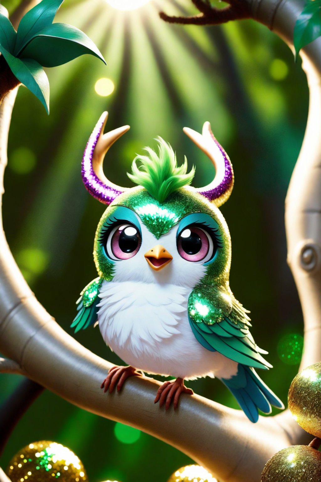 score_9, score_8_up, score_7_up, score_6_up, score_5_up, score_4_up, close-up, glitter, bird creature with horns, big eyes, singing, sitting on tree branch, green forest background with beams of sunlight