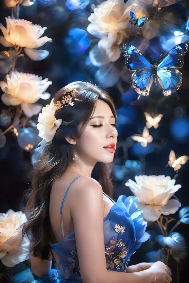 1girl, solo, long hair, brown hair, black hair, dress, closed eyes, flower, blue dress, blue flower, lips, see-through, makeup, sleeveless dress, white flower, lipstick, butterfly, particles light,sexykiki14230