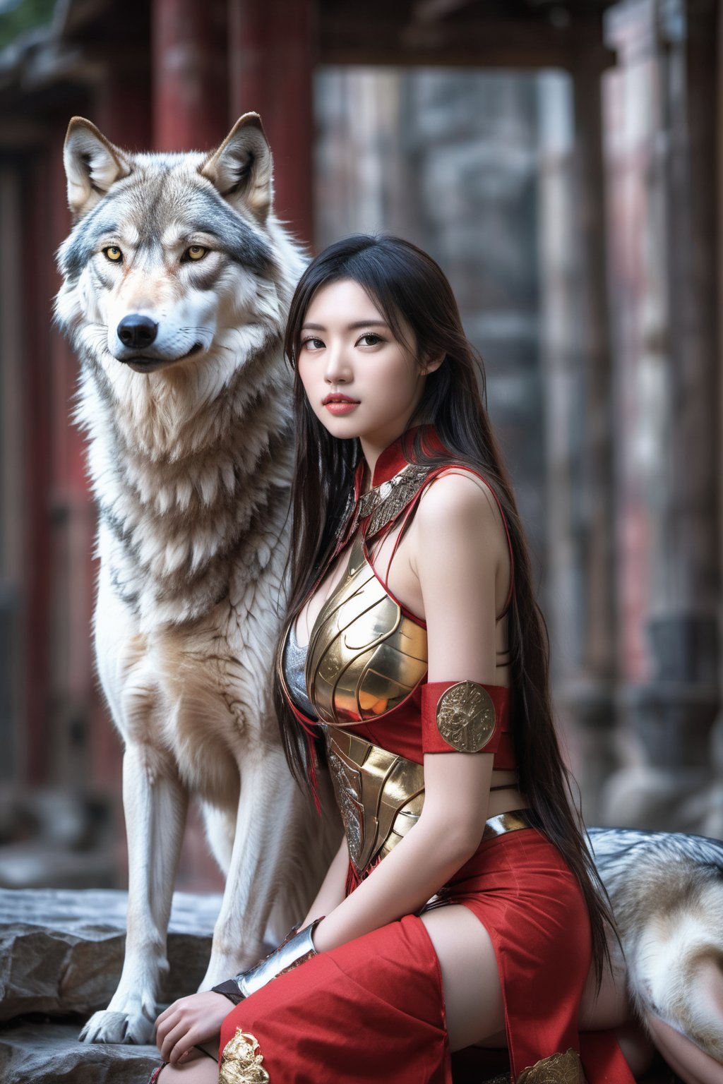 (A red and gold image of a young girl as a warrior woman, dressed in fine armor, with a large gray wolf next to her with it's head nestled on the girl's lap, in the background of an oriental-style scene), masterpiece, HDR, depth of field, wide view, bright background, raytraced, full length body, unreal, mystical, luminous, surreal, high resolution, sharp details, with a dreamy glow, translucent, beautiful, stunning, a mythical being exuding energy, textures, breathtaking beauty, pure perfection, with a divine presence, unforgettable, and impressive.,sexykiki14230