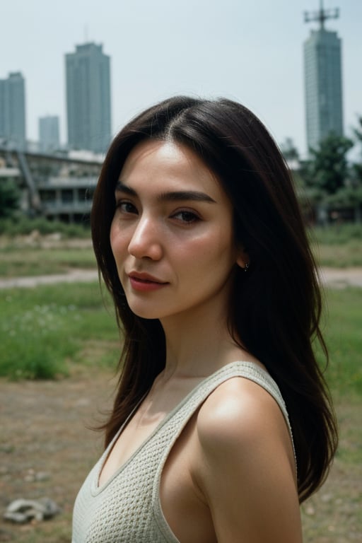 RAW photo, a close up portrait photo of brutal 45 y.o woman in wastelander clothes, long haircut, pale skin, slim body, background is city ruins, high detailed, skin, 8k uhd, dslr, soft lighting, hing quality, film grain, fijifilm, XT3, full body, perfect body, ultra high, depth of field, 3d, unreal engine 5, 3d render with octane render, art style in artstation, anime 3d, 8k, unreal engine --ar 9:16 --niji 5 --style expressive --s 400