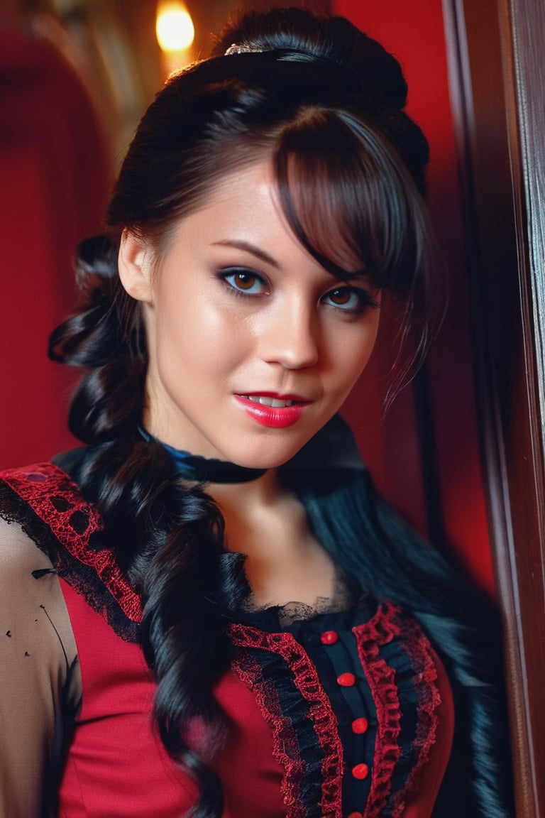 cinematic film still, half body shot, photo of 23 years old, ohwx woman, wearing Victorian era dress, in a hallway, long dark hair with side bangs, real details, detailed character expressions, analog film grain, ((red victorian era clothing)), daytime, happy expression, looking at camera, eye shadow, slight smile, adorable masterpiece, vinatage photograph, perfect eyes, messy ponytail, detailed skin, highly detailed, beautiful young woman, film grain