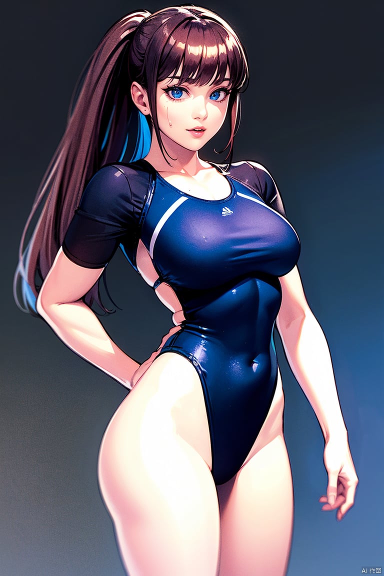 (High quality, High resolution, Fine details), Realistic,1girl,curvy women, blue eyes, (Detailed eyes:1.2),solo focus,black swimsuit,long hair,twintails,blue eyes,ponytail,bangs,long legs,looking at viewer,black thighhighssimple background,grin,Sweat,