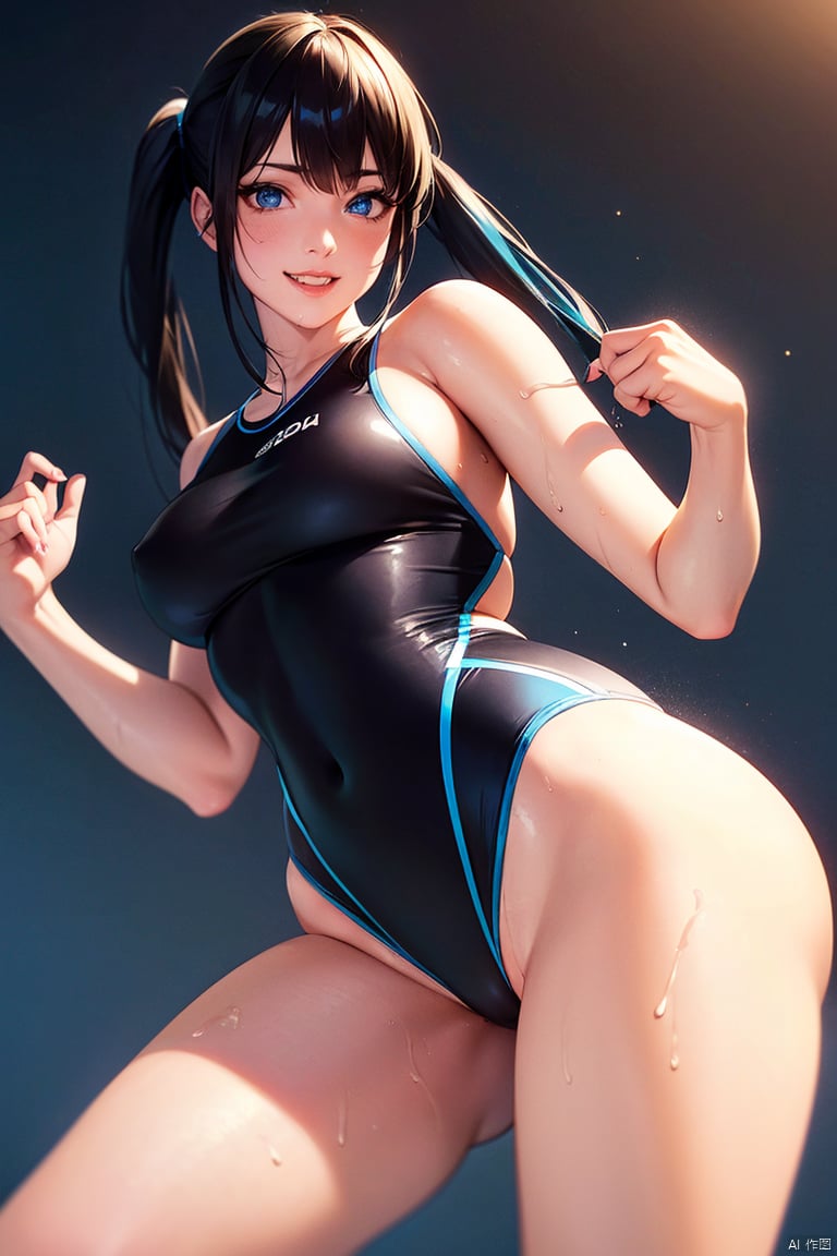  (High quality, High resolution, Fine details), Realistic,1girl,curvy women, blue eyes, (Detailed eyes:1.2),solo focus,black swimsuit,long hair,twintails,blue eyes,ponytail,bangs,long legs,looking at viewer,black thighhighssimple background,grin,Sweat,