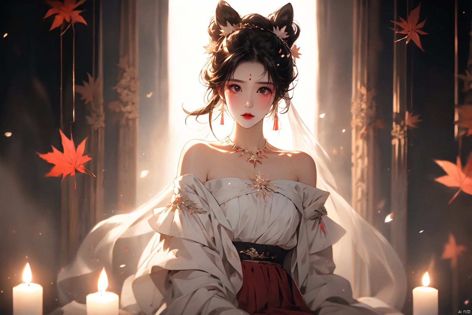  1 girl, jewelry, solo, earrings, long hair, forehead markings, black hair, necklace, bare shoulders, flowers, red lips, hair flowers, upper body, skirt, off shoulder, facial markings, head down, makeup, lips, candles, collarbones, long sleeves, tears streaming down, crying, Tyndall effect, 8k, large aperture, masterpiece of the century, sit, maple leaf, doorway, corridor, Sun on face