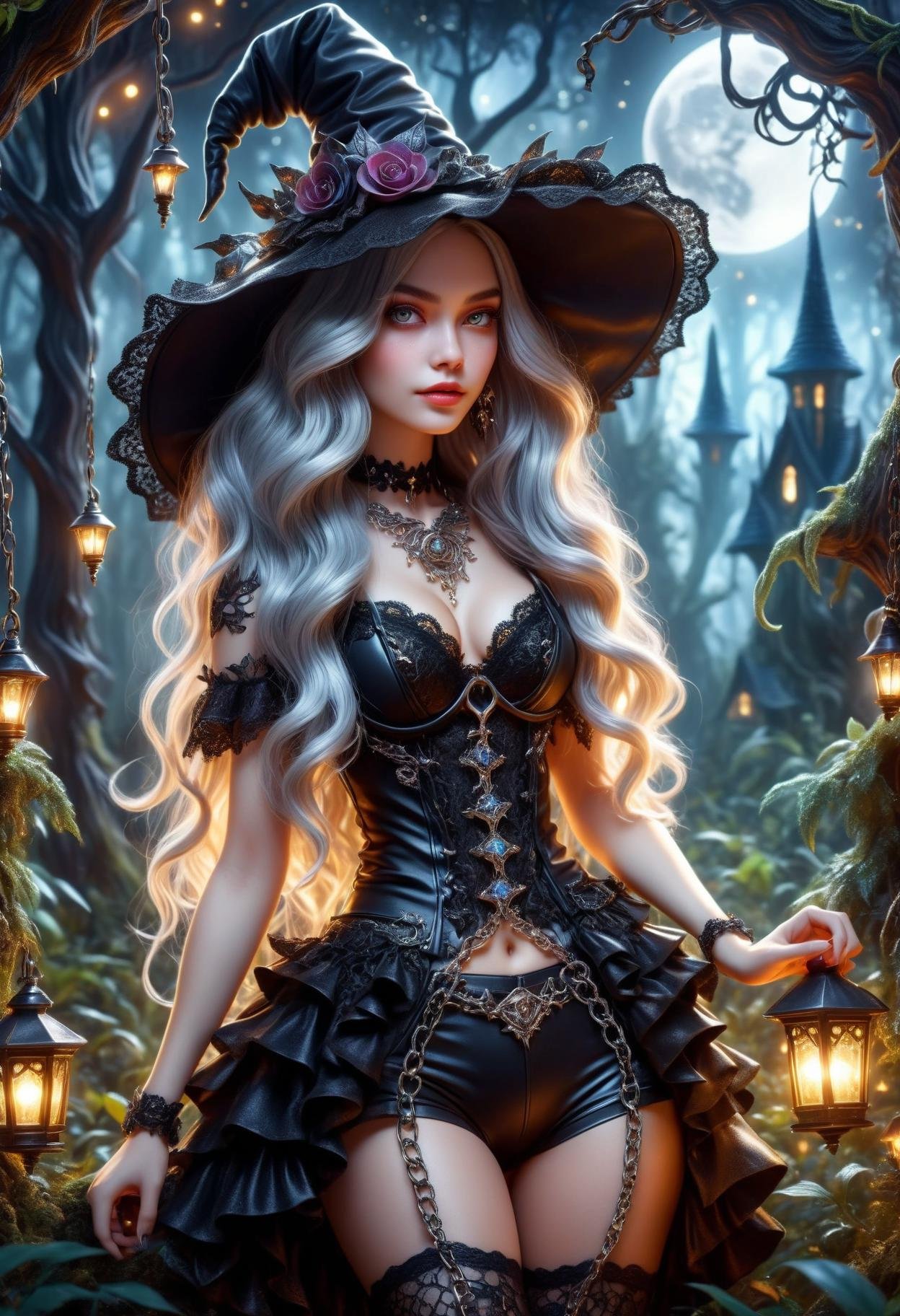 DonMD347hM374lXL  (masterpiece, best quality,detailed light),close up,, two cute beautiful delicate cute DonMD347hM374lXL 21yo women Miya Summsebi, long flowing wavy platinum monnshine hair, (pointy ears:1.15), enchanted magical fantasy fairytale bioluminescent midnight forest,  (flat chest:1.1),  lace pants,  ruffled bra,  floppy hat, wallet chain, fairytale theme,  cleavage, bare shoulders, (highres, 4k, 8k, intricate detail, cinematic lighting, amazing quality, amazing shading, soft lighting, Detailed Illustration, wallpaper),  <lora:DonMD347hM374lXL:1>