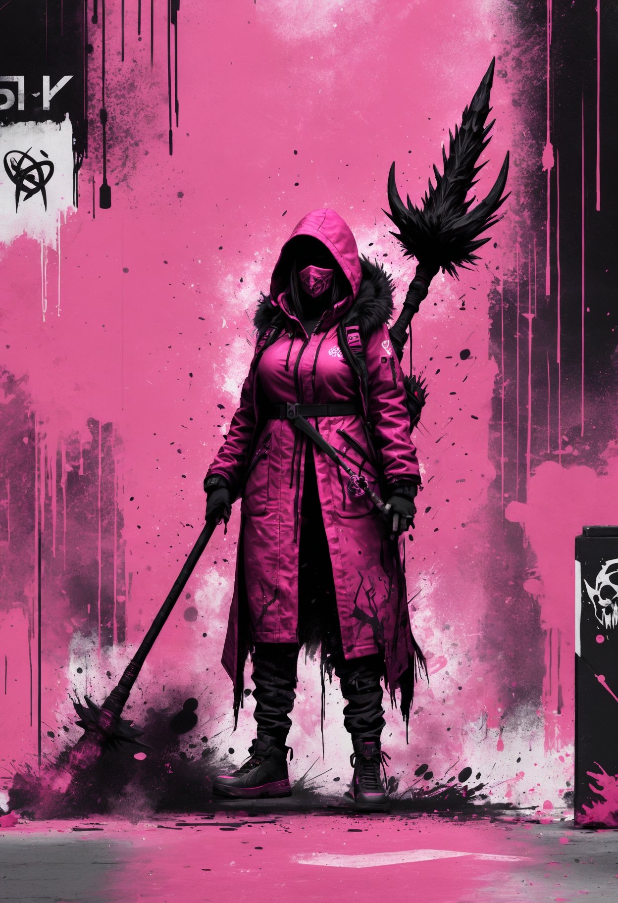 (masterpiece, best quality),  DonM51ckXL  female mgalekgolo (hunters), , druidic staff, pink, flat, 2D,street art,  (highres, 4k, 8k, Illustration, wallpaper)  <lora:myLoraXL_test\DonM51ckXL-000008>