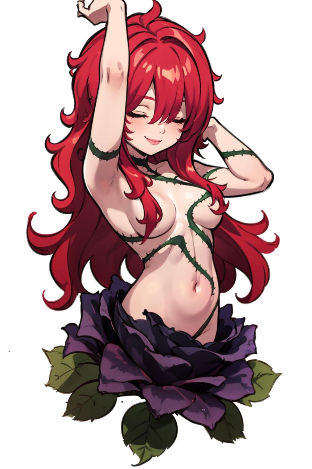 masterpiece, <lora:DarkCabalChibiStyle:1> chibi, 1girl, solo, smile, <lora:AlrauneSH:0.9> alrauneSH, long hair, hair over eyes, plant girl, vines, thorns, flower, black rose, navel, hair over breasts, convenient censoring, white background, simple background