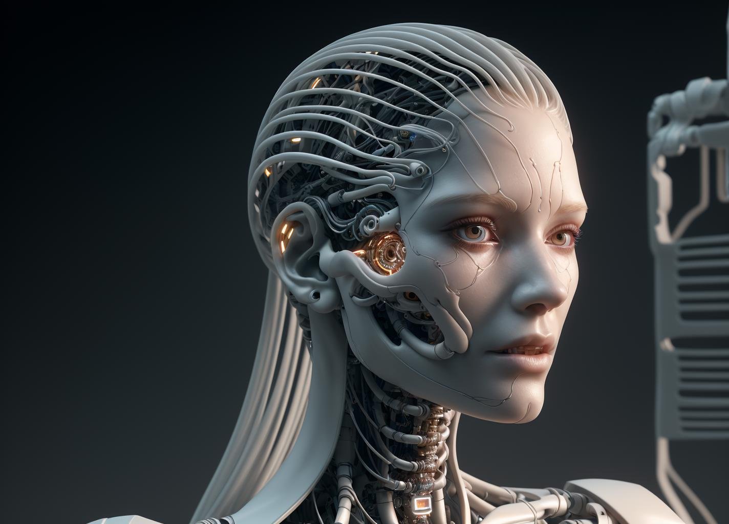 complex 3d render ultra detailed of a beautiful porcelain profile woman android face, cyborg, robotic parts, 150 mm, beautiful studio soft light, rim light, vibrant details, luxurious cyberpunk, lace, hyperrealistic, anatomical, facial muscles, cable electric wires, microchip, elegant, beautiful background, octane render, H. R. Giger style, 8k