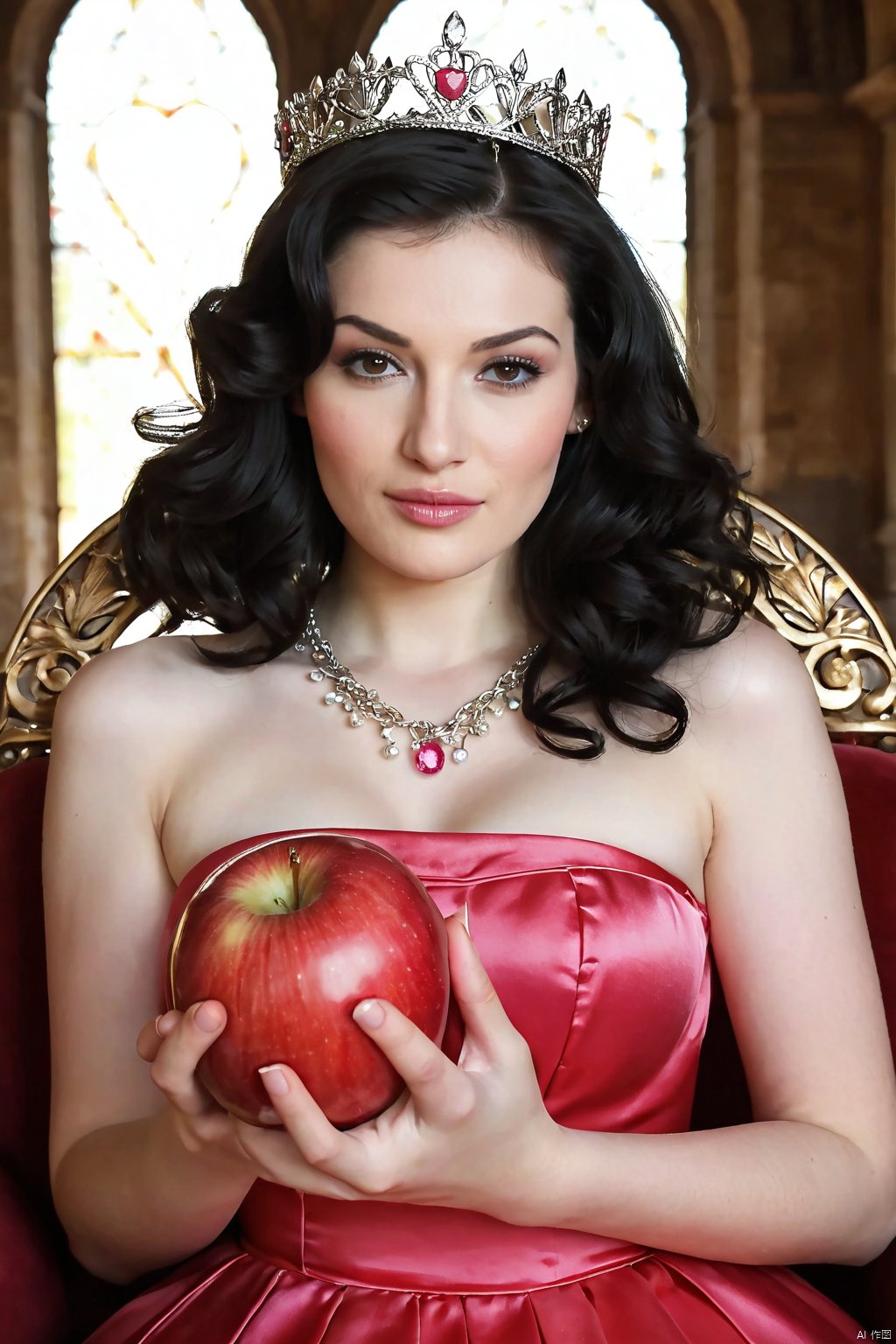  a (extreme close up) of a girl with (bright blue eyes and black hair with neat curls), pale skin and face makeup, cute smile with glossy red lipstick BREAK
(holding up a (large perfect red apple) in her delicate hand) BREAK
wearing a ((pink strapless top dress), silver and pink diamonds princess tiara and necklace) BREAK
inside a bright medieval throne room with sun rays BREAK
italian shot, very detailed clean skin, skin pores, sharp focus, lens flare, spot lights, intrincate details