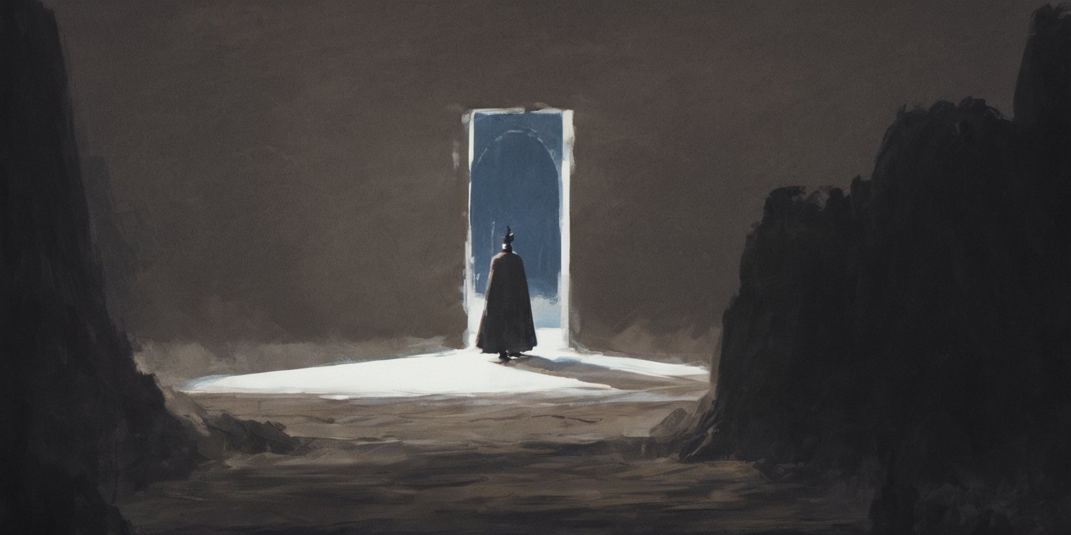 a painting of a person standing in a dark room with a large mirror in the background ,  trending on art station,  a digita...