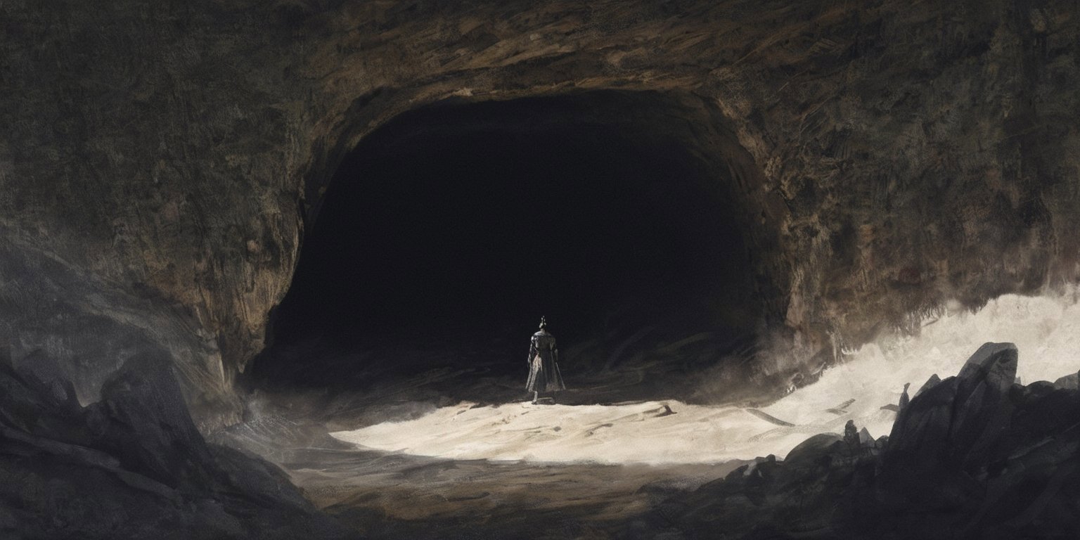 a painting of a person standing in a dark cave with a large escape in the background ,  trending on art station,  a digita...