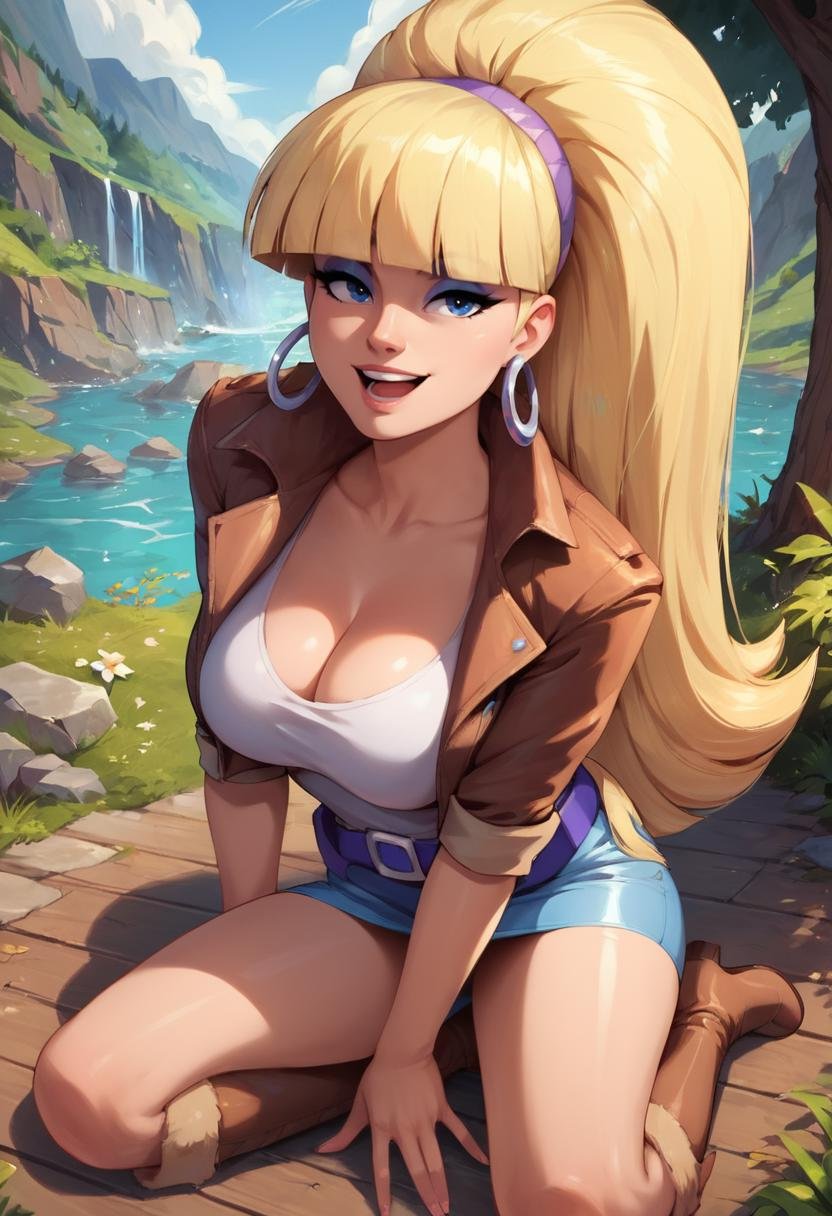 masterpiece,best quality, highly detailed, score_9, score_8_up, score_7_up, score_6_up,<lora:xl_more_art-full_v1:0.8>,BREAK <lora:pacificaXL:0.8>pacifica, 1girl, breasts, solo, cleavage, blonde hair, earrings, jewelry, makeup, large breasts, eyeshadow, boots, looking at viewer, blunt bangs, bangs, long hair, belt, hoop earrings, open mouth, jacket, thighs, smile, blue eyes, ponytail