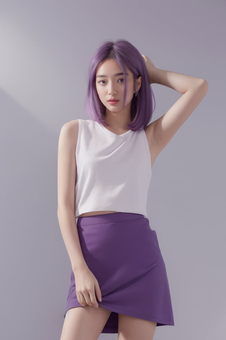 anselma, purple gradient hair, medium hair, sleeveless shirt, skirt, indoor, simple background,