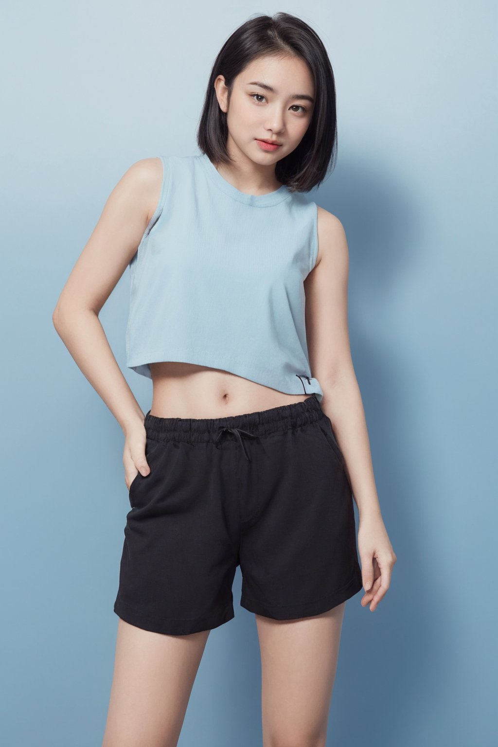 anselma, black hair, medium hair, sleeveless shirt, navel, hot pants, simple background, blue background, woman, 24-years old, 