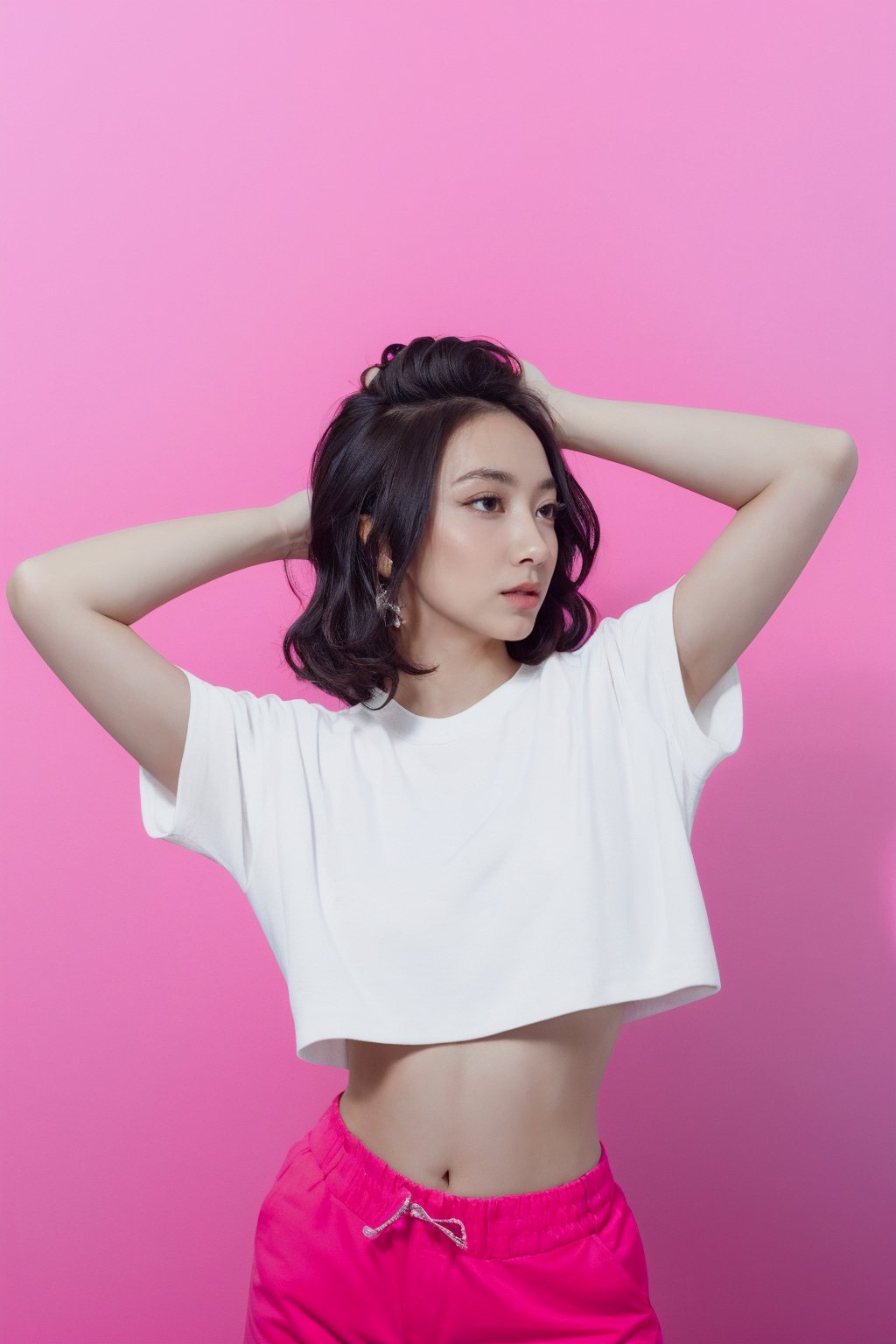 anselma, woman, black hair, medium hair, wavy hair, crop top, hot pants, simple background, pink background, 24-years old