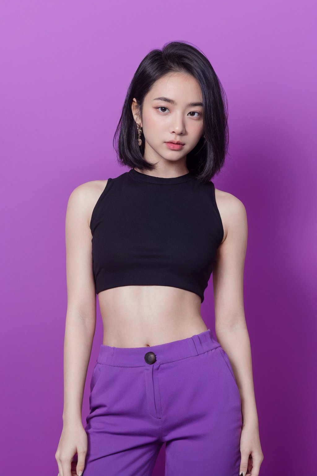 anselma, woman, black hair, medium hair, crop top, hot pants, simple background, purple background, 24-years old