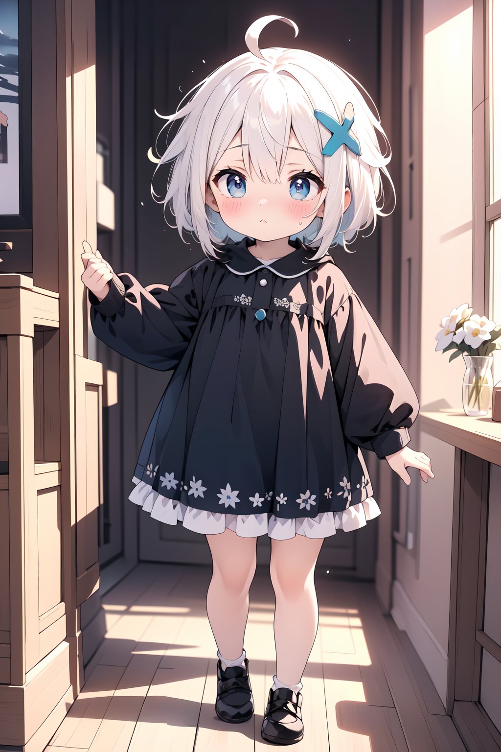 (masterpiece, best quality, highres, ultra-detailed),(beautiful and aesthetic:1.2), 1girl, toddler, kid, satomi gojo, white hair, hair ornament, ahoge, blue eyes, smile, x3, cute dress, flowers ornament,full body,intricate details