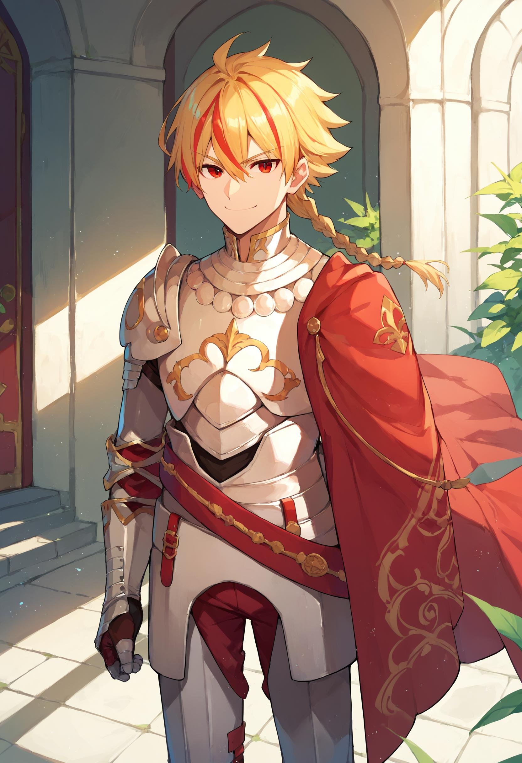 score_9_up score_8_up score_7_up,  1boy single braid,  armor red cape belt by Akiseki on Tensor.Art