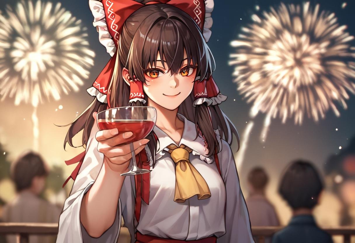 score_8_up, score_7_up, score_6_up, 1girl hakurei reimu, smile holding cup fireworks<lora:holding_cup_toasting_xlpony:1>