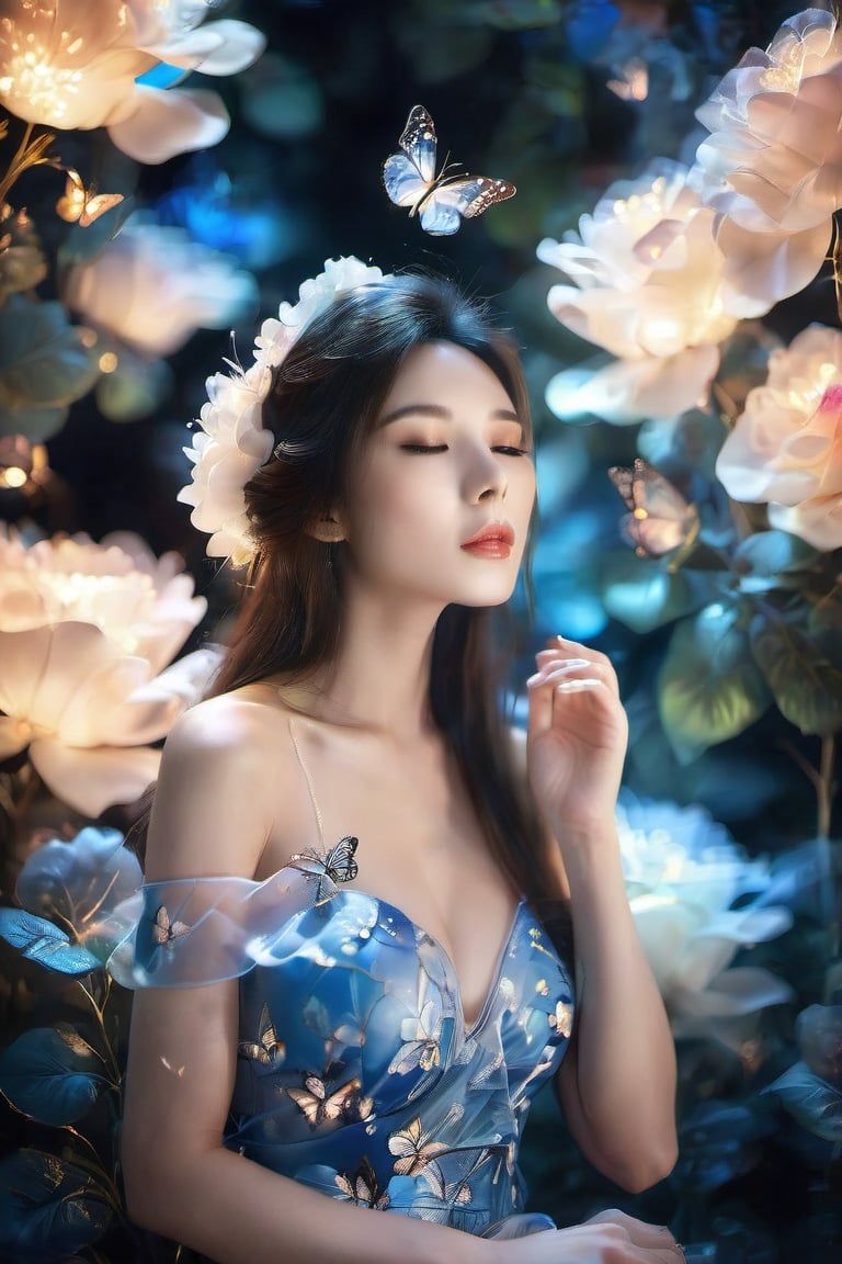 1girl, solo, long hair, brown hair, black hair, dress, closed eyes, flower, blue dress, blue flower, lips, see-through, makeup, sleeveless dress, white flower, lipstick, butterfly, particles light,sexycaicai19407,sexy Li Xuan15321