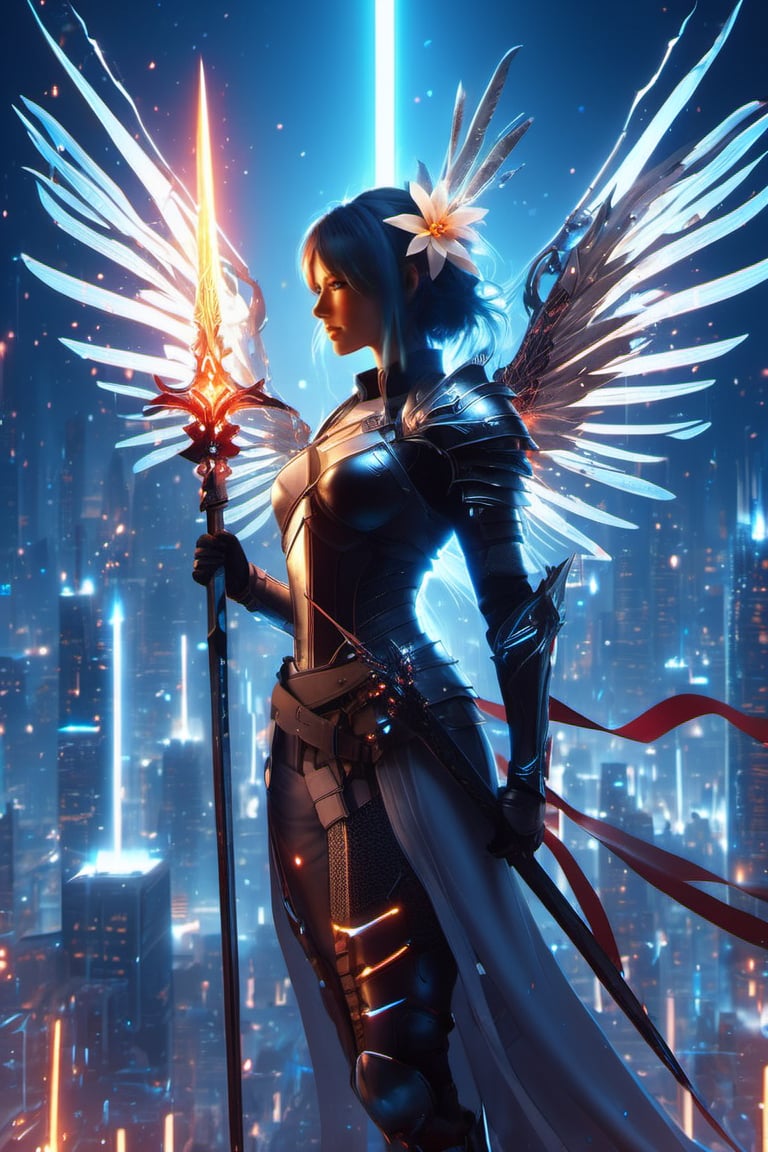 3d render,  minimalism, closed eyes, hair ornament, wings, hair flower, intricately detailed, profile, candle, white blue oragen red, cyberpunk, extra arms, Electric spark, over shoulder, holding sword, armor, stable diffusion, 1girl, glowing eyes, boots, cityscape, staff, rain, mask, ghost blade art style, cityskyline, glowing, bug, polearm, gauntlets, holding staff, scythe, science fiction, solo, single hair bun