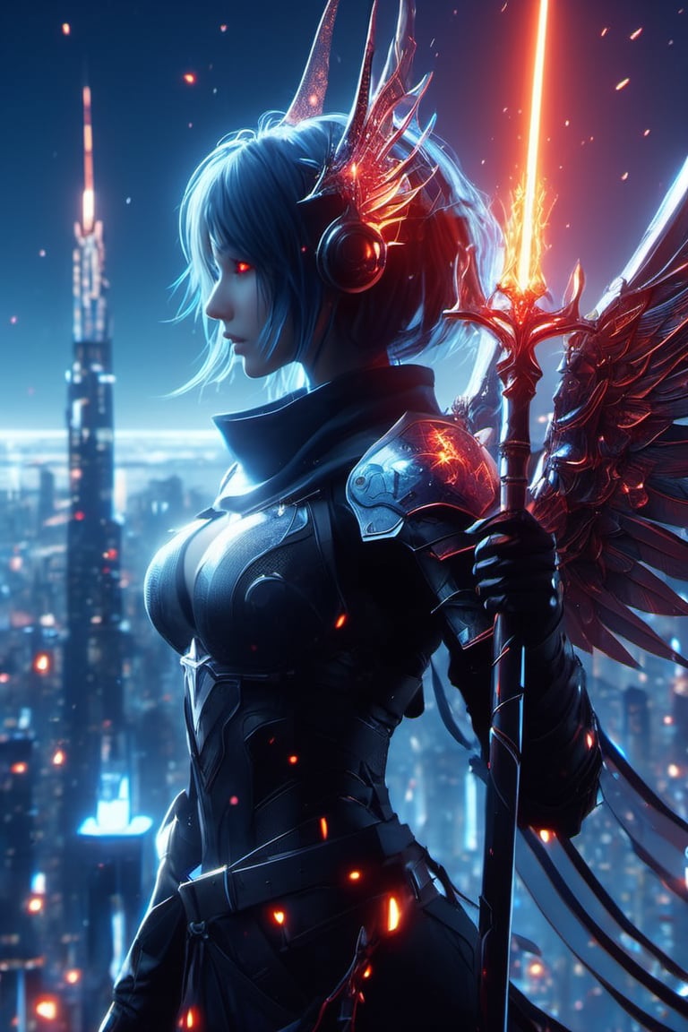 3d render,  minimalism, red eyes, hair ornament, wings, hair , intricately detailed, profile, candle, white blue oragen red, cyberpunk, extra arms, Electric spark, over shoulder, holding Scepter, armor, stable diffusion, 1girl, glowing eyes, boots, cityscape, staff, rain, mask, ghost blade art style, cityskyline, glowing, bug, polearm, gauntlets, holding staff, scythe, science fiction, solo, single hair bun,dark anime