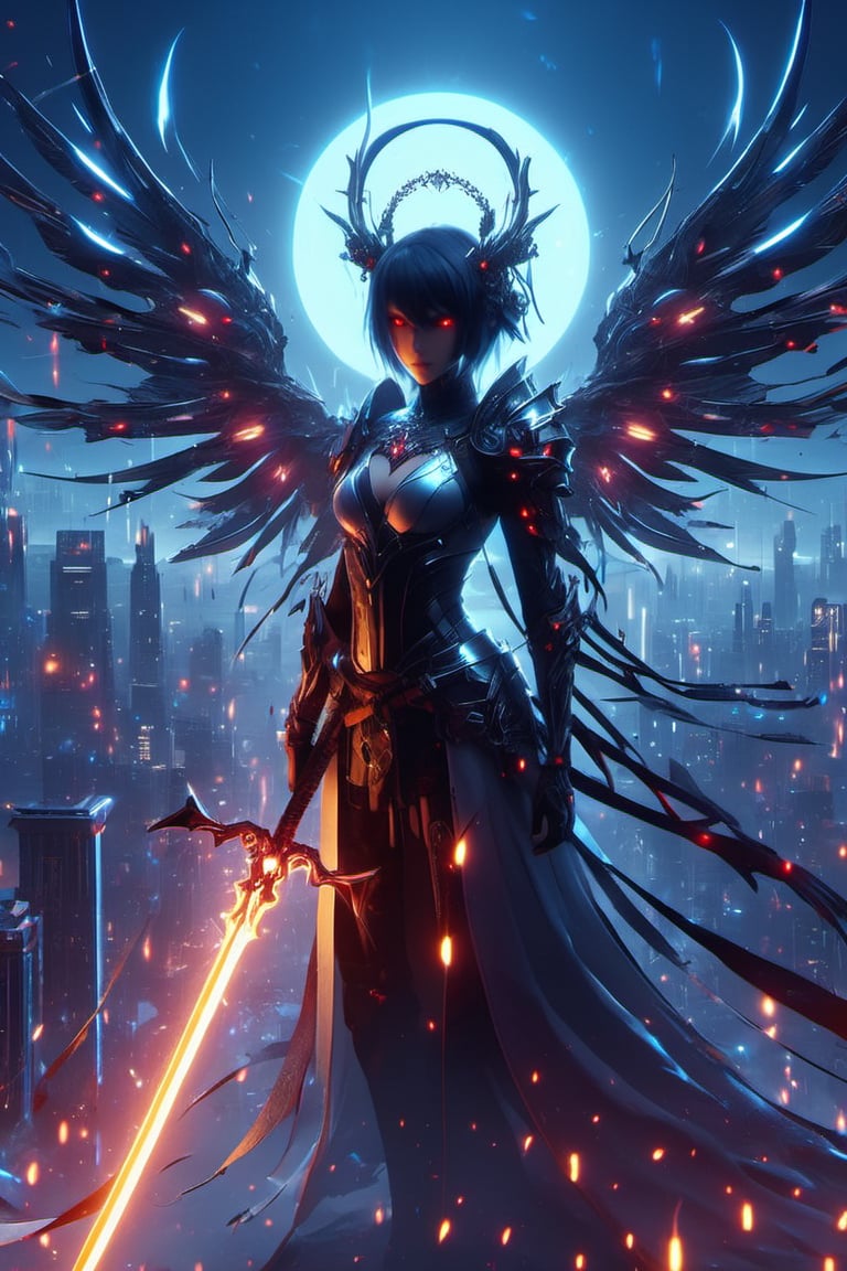 3d render,  minimalism, red eyes, hair ornament, wings, hair , intricately detailed, profile, candle, white blue oragen red, cyberpunk, extra arms, Electric spark, over shoulder, holding Scepter, armor, stable diffusion, 1girl, glowing eyes, boots, cityscape, staff, rain, mask, ghost blade art style, cityskyline, glowing, bug, polearm, gauntlets, holding staff, scythe, science fiction, solo, single hair bun,dark anime