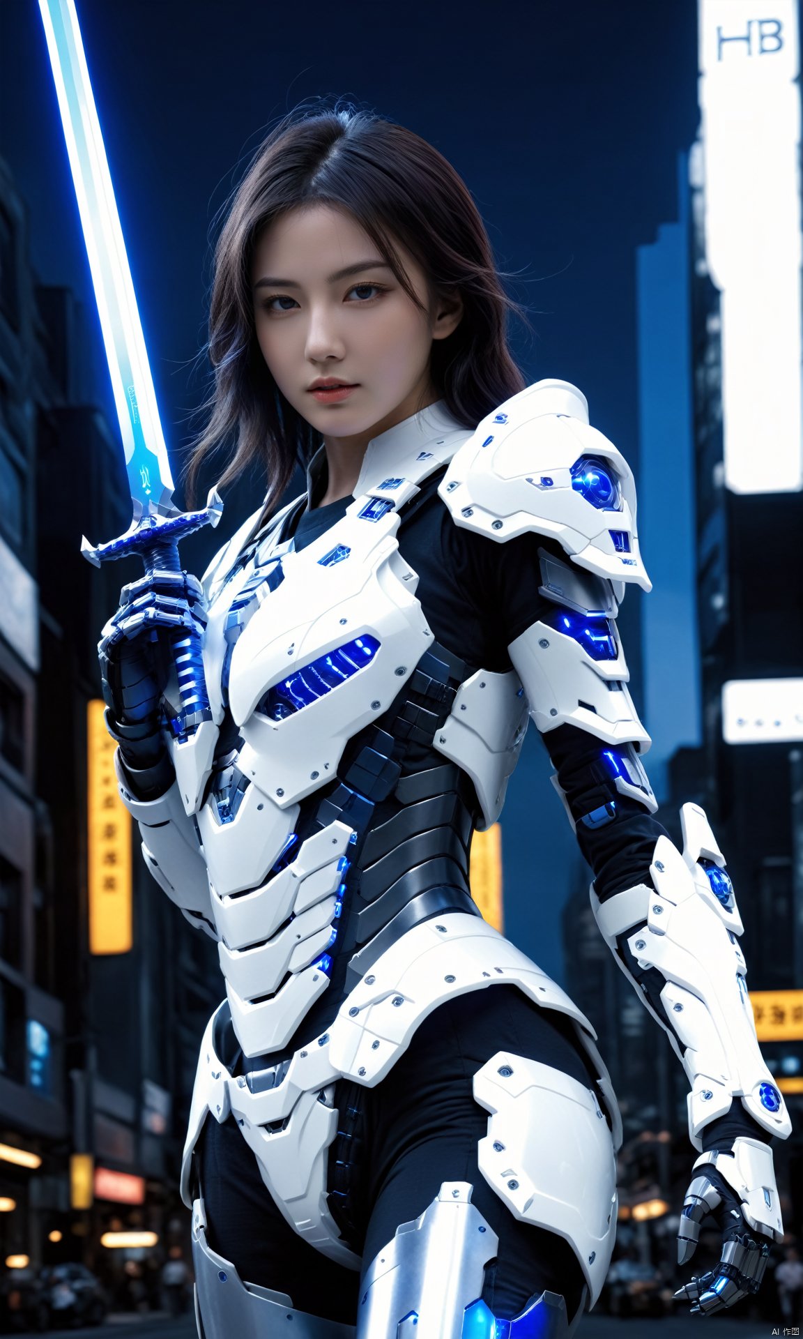 (ultra realistic,best quality),photorealistic,Extremely Realistic, in depth, hubggirl, cinematic light, hubg\(mecha_girl)\, cityscape,
one girl wearing white sci-fi body armor, holding a glowing blue sword downwards in front of her body, dynamic poses, dark blue background, highly detailed, ultra-high resolutions, 32K UHD, best quality, masterpiece,