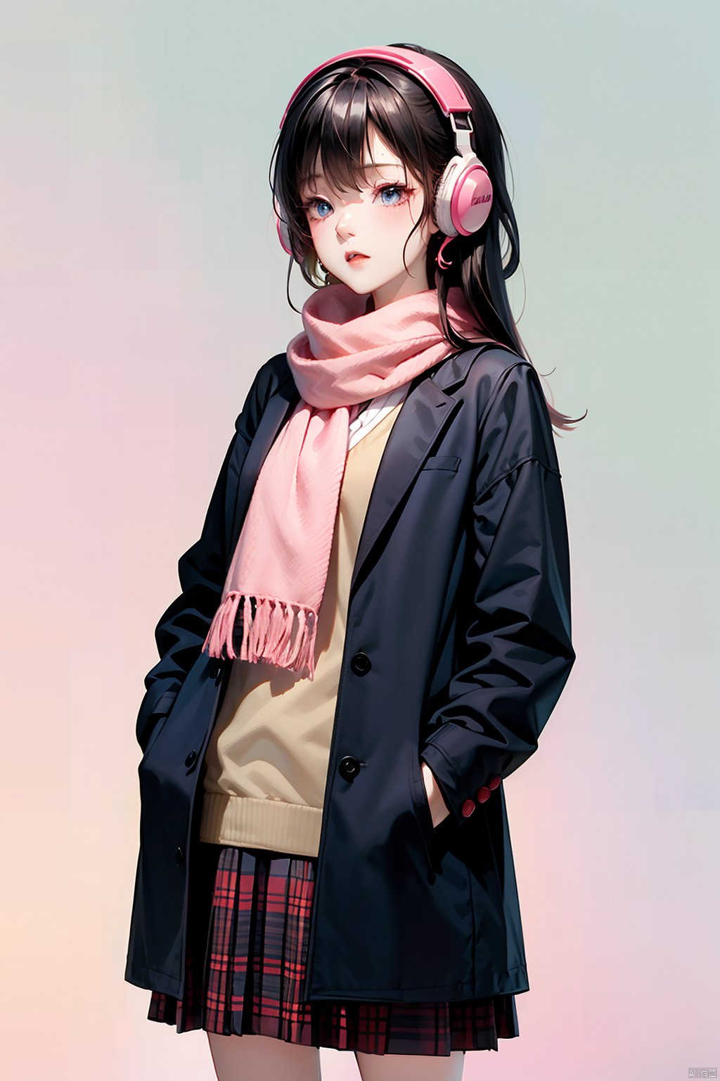  1girl, bangs, black_hair, blue_eyes, blush, breath, coat, cowboy_shot, earmuffs, gradient, gradient_background, hair_between_eyes, hands_in_pockets, headphones, headphones_around_neck, jacket, long_hair, looking_away, pink_background, plaid, plaid_scarf, plaid_skirt, pleated_skirt, red_scarf, scarf, school_uniform, skirt, solo, thighhighs, shota