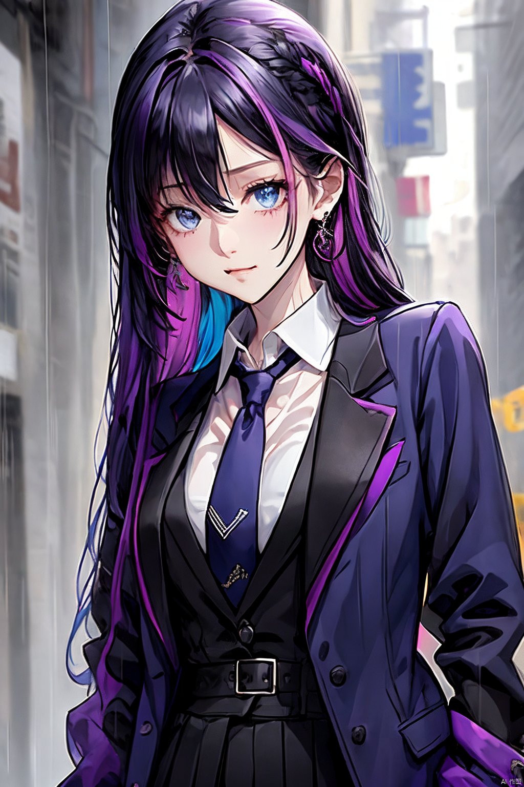  1girl,shirt,solo,necktie,rain,blue eyes,long hair,jewelry,jacket,earrings,black necktie,looking at viewer,black hair,collared shirt,black jacket,upper body,closed mouth,purple hair,multicolored hair,outdoors,bangs,open jacket,wet,background,open clothes,colored inner hair,hair between eyes,
