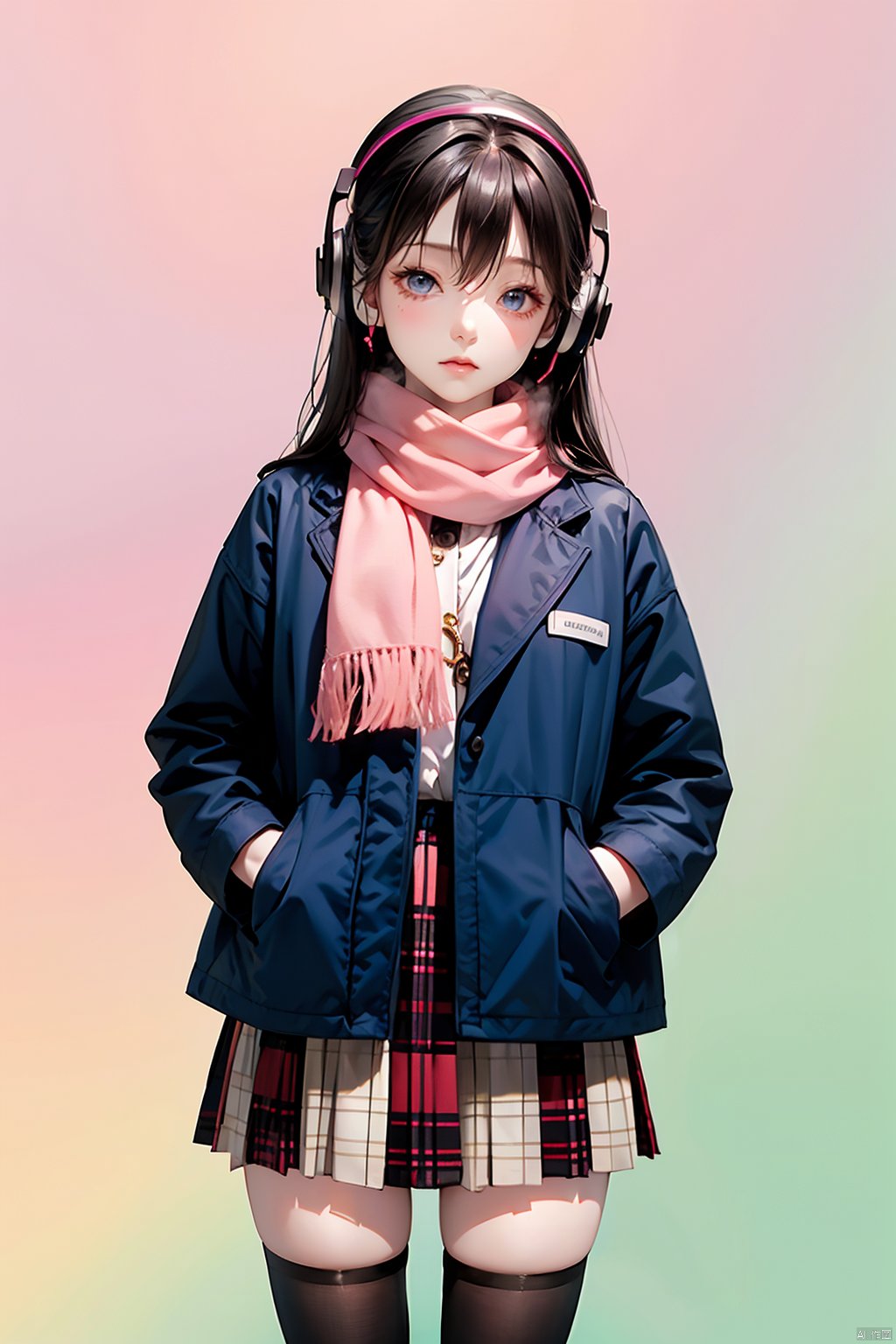  1girl, bangs, black_hair, blue_eyes, blush, breath, coat, cowboy_shot, earmuffs, gradient, gradient_background, hair_between_eyes, hands_in_pockets, headphones, headphones_around_neck, jacket, long_hair, looking_away, pink_background, plaid, plaid_scarf, plaid_skirt, pleated_skirt, red_scarf, scarf, school_uniform, skirt, solo, thighhighs, shota