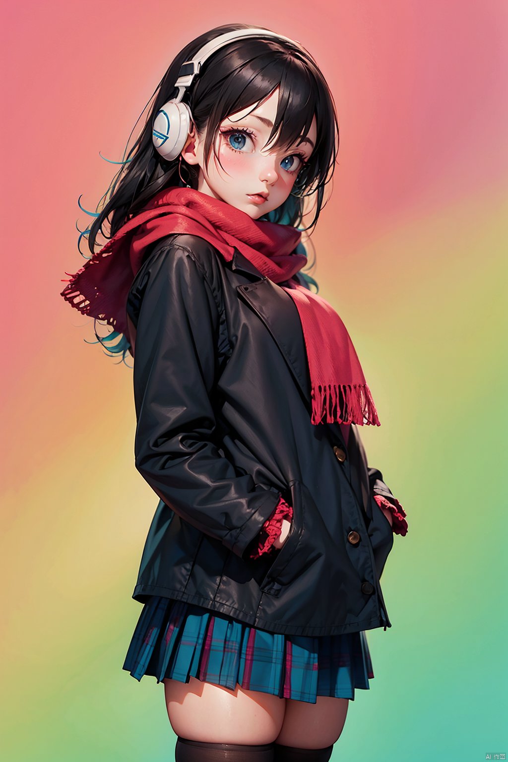  1girl, bangs, black_hair, blue_eyes, blush, breath, coat, cowboy_shot, earmuffs, gradient, gradient_background, hair_between_eyes, hands_in_pockets, headphones, headphones_around_neck, jacket, long_hair, looking_away, pink_background, plaid, plaid_scarf, plaid_skirt, pleated_skirt, red_scarf, scarf, school_uniform, skirt, solo, thighhighs, shota