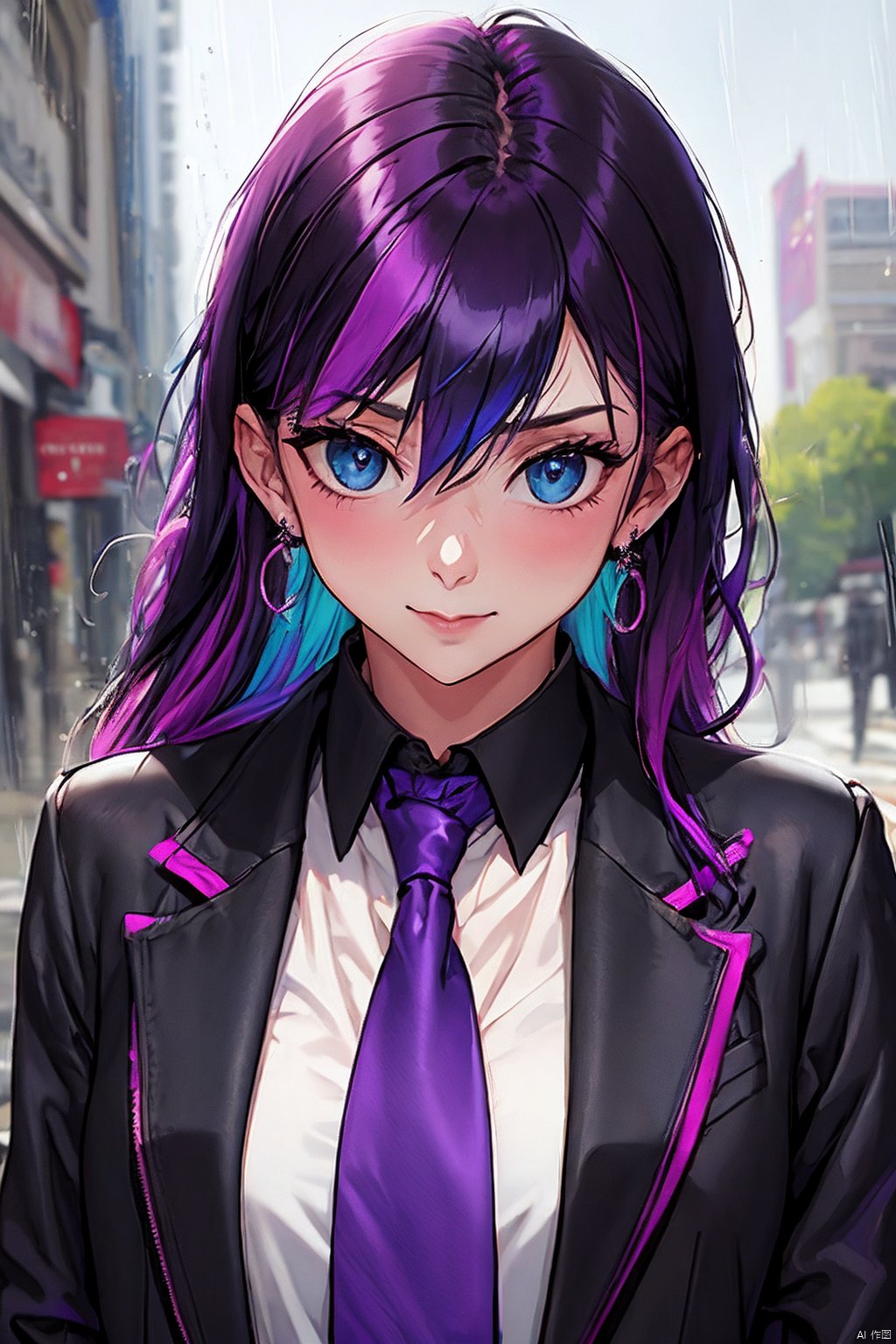  1girl,shirt,solo,necktie,rain,blue eyes,long hair,jewelry,jacket,earrings,black necktie,looking at viewer,black hair,collared shirt,black jacket,upper body,closed mouth,purple hair,multicolored hair,outdoors,bangs,open jacket,wet,background,open clothes,colored inner hair,hair between eyes,
