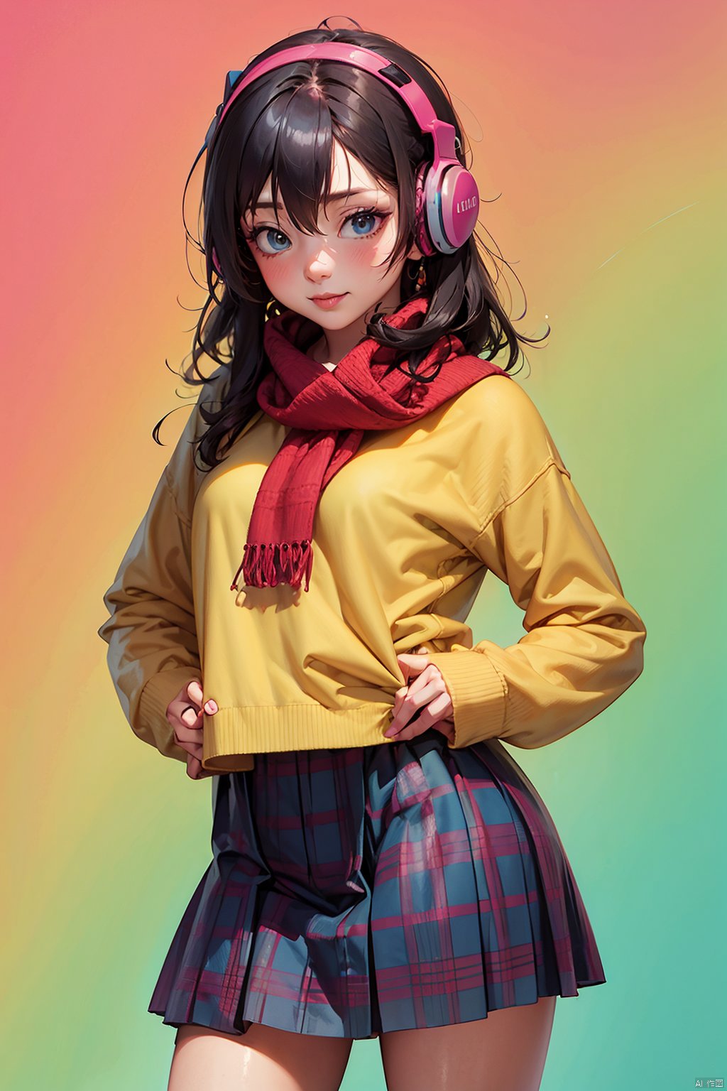  1girl, bangs, black_hair, blue_eyes, blush, breath, coat, cowboy_shot, earmuffs, gradient, gradient_background, hair_between_eyes, hands_in_pockets, headphones, headphones_around_neck, jacket, long_hair, looking_away, pink_background, plaid, plaid_scarf, plaid_skirt, pleated_skirt, red_scarf, scarf, school_uniform, skirt, solo, thighhighs, shota