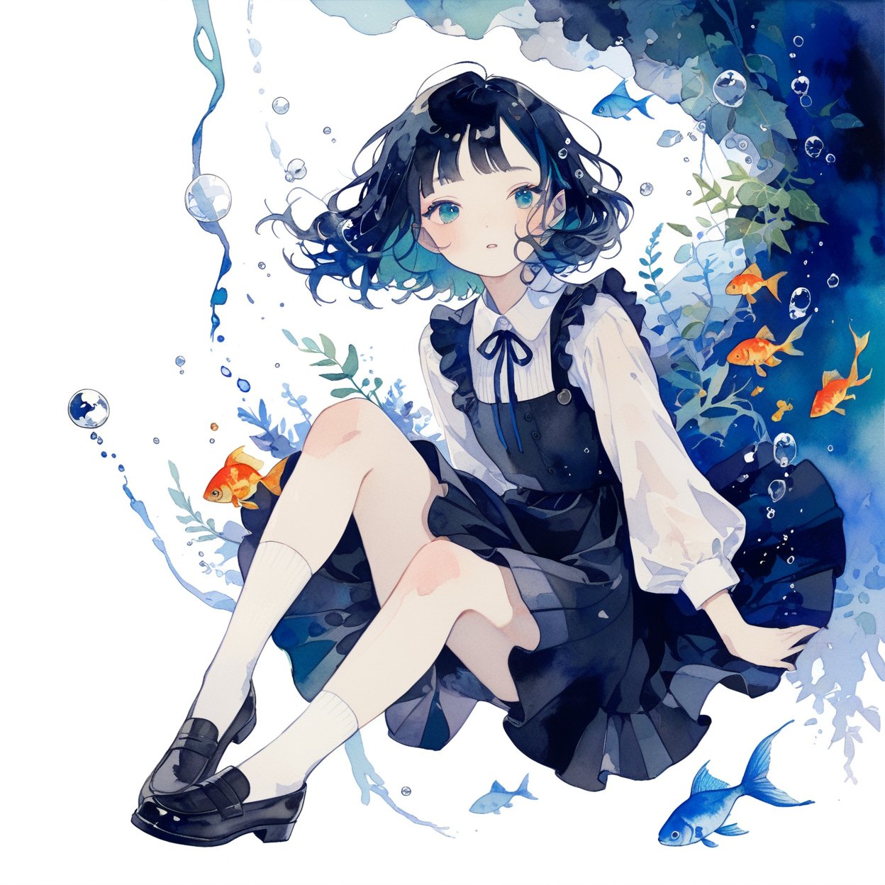 1girl, solo, fish, dress, shirt, short hair, shoes, white shirt, blush, black dress, black footwear, long sleeves, collared shirt, blue eyes, plant, leaf, bubble, full body, half-closed eyes, white background, looking at viewer, painting (medium), bangs, black hair, loafers, pinafore dress, grey hair, simple background, blue hair, skirt, underwater, animal, surreal, medium hair, goldfish, air bubble, parted lips, aqua eyes, socks,  
masterpiece, best quality, very aesthetic , traditional media,  watercolor \(medium\),