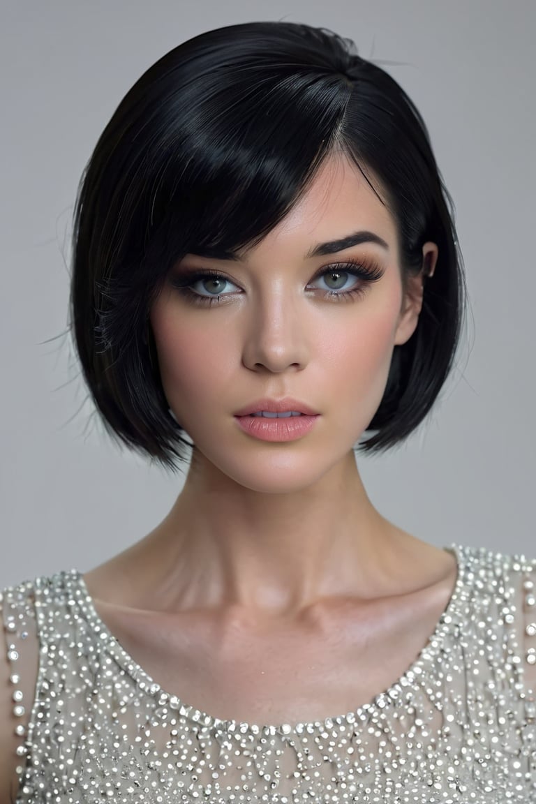 (portrait:0.2) of ohwx woman, :|, wearing tulle, with black medium bob haircut, solid white background, (photo, studio lighting, hard light, sony a7, 50 mm, matte skin, pores, colors, hyperdetailed, hyperrealistic)