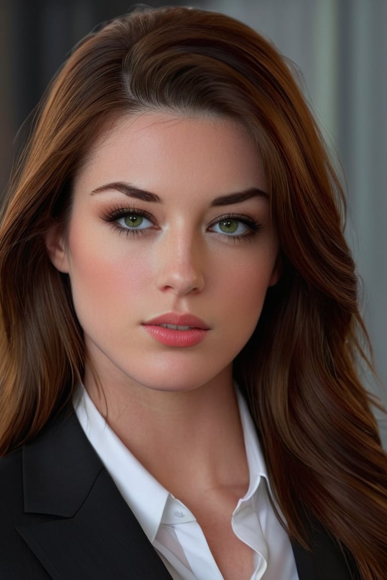 A hyper realistic vertical photo of ohwx woman, looking at viewer, serious, (closed mouth:1.3), (green eyes:0.5), looking at viewer, very attractive, long brown hair, trending on artstation, digital art, modern, sleek, highly detailed, formal, determined, black business suit, fair skin