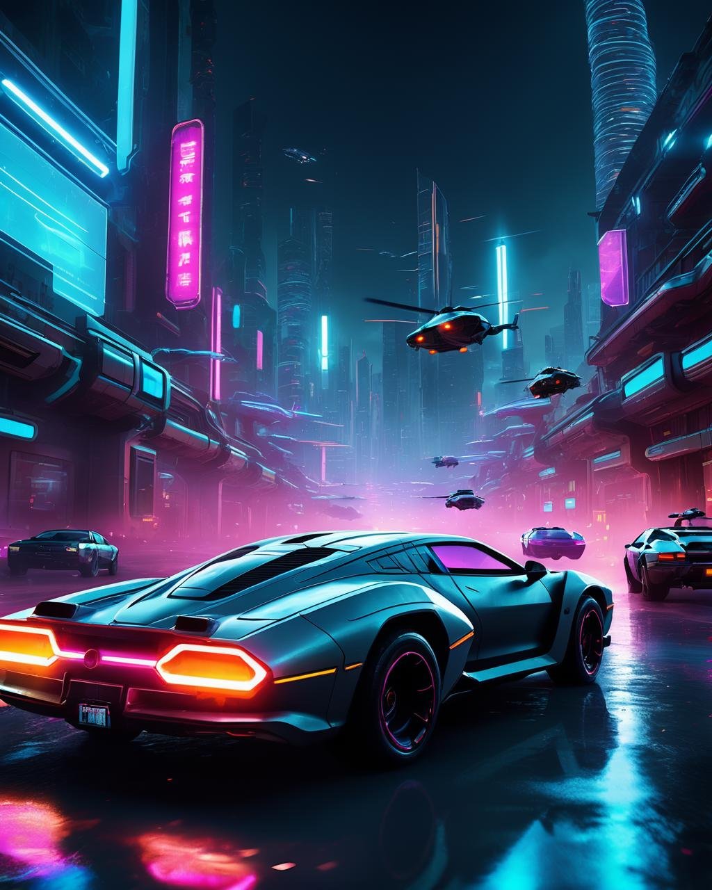 -A thrilling chase scene through a futuristic city,  with neon lights,  flying cars by Ciro Negrogni on Tensor.Art