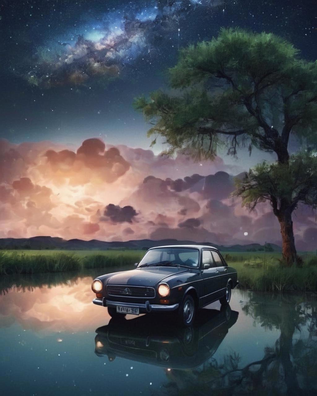 a car is parked in the water at night ,  outdoors,  sky by Ciro Negrogni on Tensor.Art