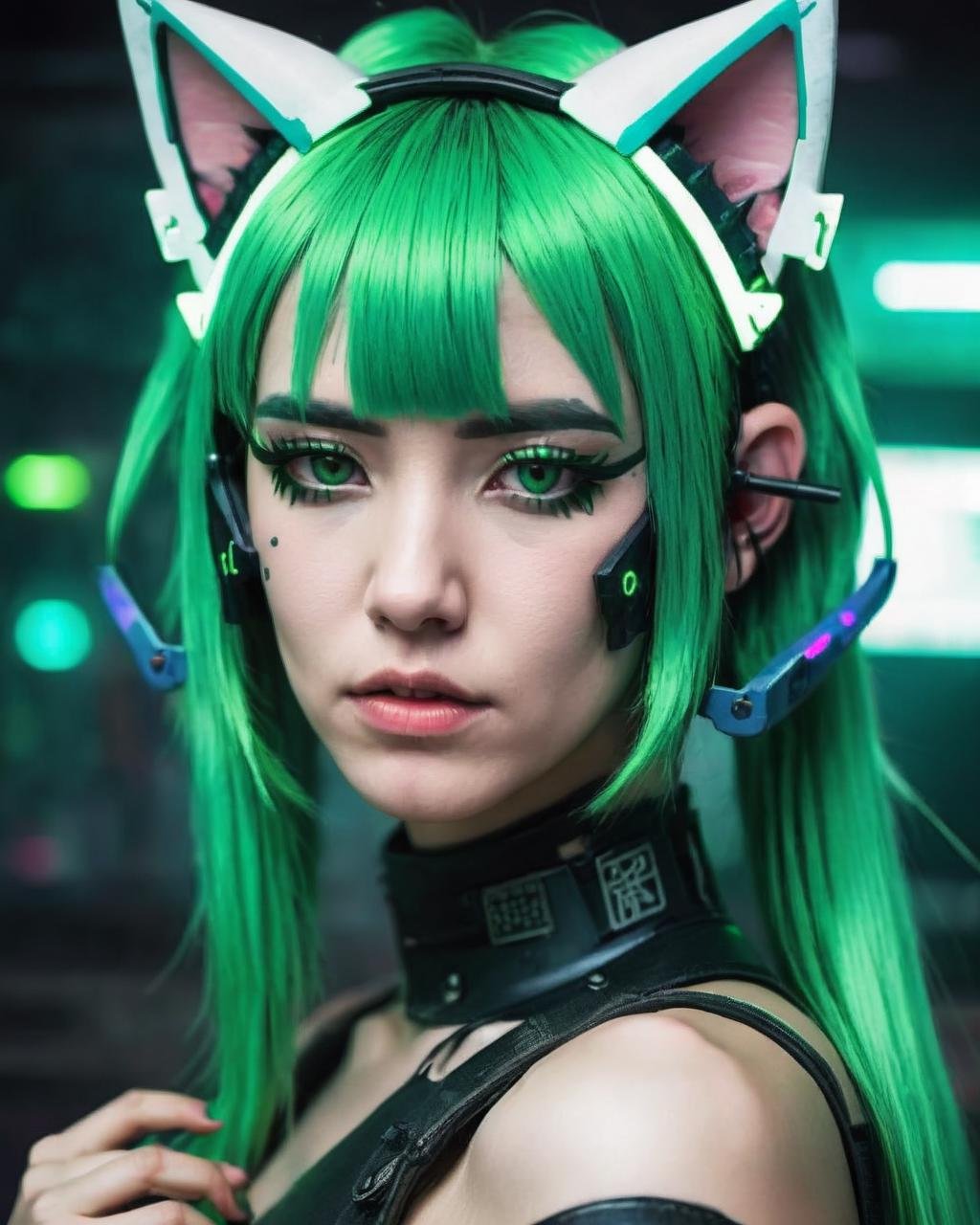 a woman with green hair and cat ears ,  cyberpunk style by Ciro Negrogni on Tensor.Art