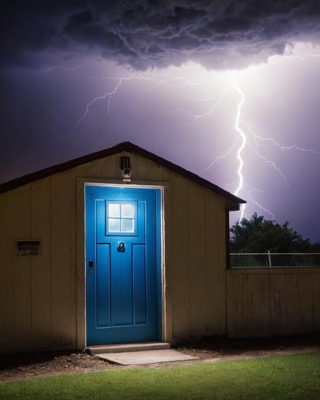 a building with a blue door and a lightning bolt in the background ,  outdoors,  sky by Ciro Negrogni on Tensor.Art