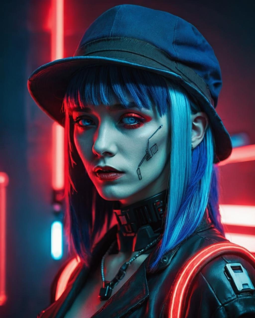 a woman with blue hair and a hat with a red light ,  cyberpunk style by Ciro Negrogni on Tensor.Art