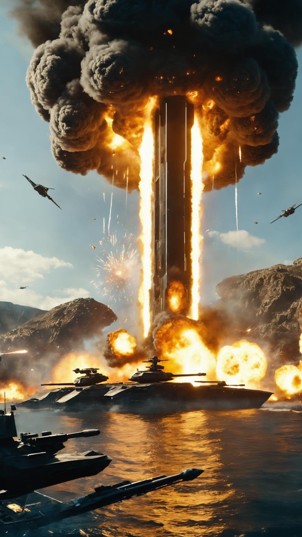 -A futuristic battle scene featuring advanced military technology and intense combat. The scene is shot in high-definition...