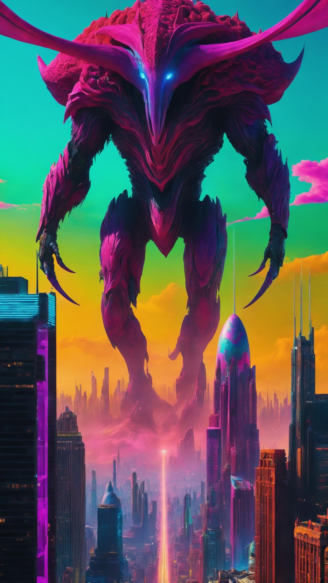 -A surreal movie scene featuring a giant,  otherworldly creature towering over a futuristic cityscape. The scene is bathed...