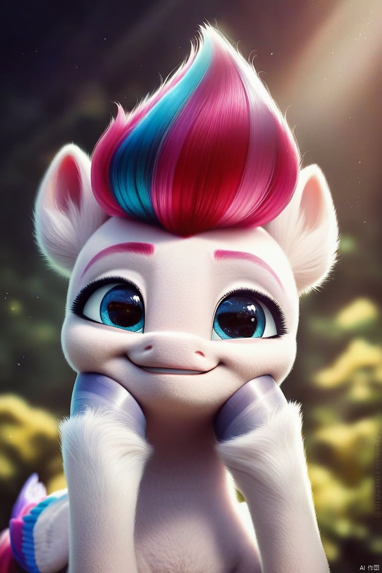 score_9, score_8_up, score_7_up, score_6_up, score_5_up, score_4_up, rating_safe, Zipp Storm, ((cute, little, fuzzy pony, fur)), (high quality, detailed, beautiful), shiny, adorable face, detailed beautiful eyes, diadema, sunlight, realistic, outstanding, countershading, detailed soft lighting, ear fluff, hoof on face, cinematic vintage photography