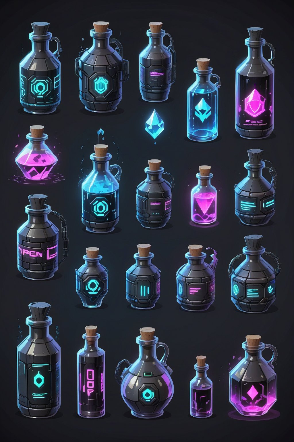 Array of cyberpunk style advanced technology potion bottles, Each item is an independent entity, Arranged in 2D game prop style, No overlapping, Solid gray-black background for easy clipping, High quality, Detailed, 2D style, Game asset, Each potion bottle has unique design, Cyberpunk aesthetics
,Crystal style,Cyberpunk