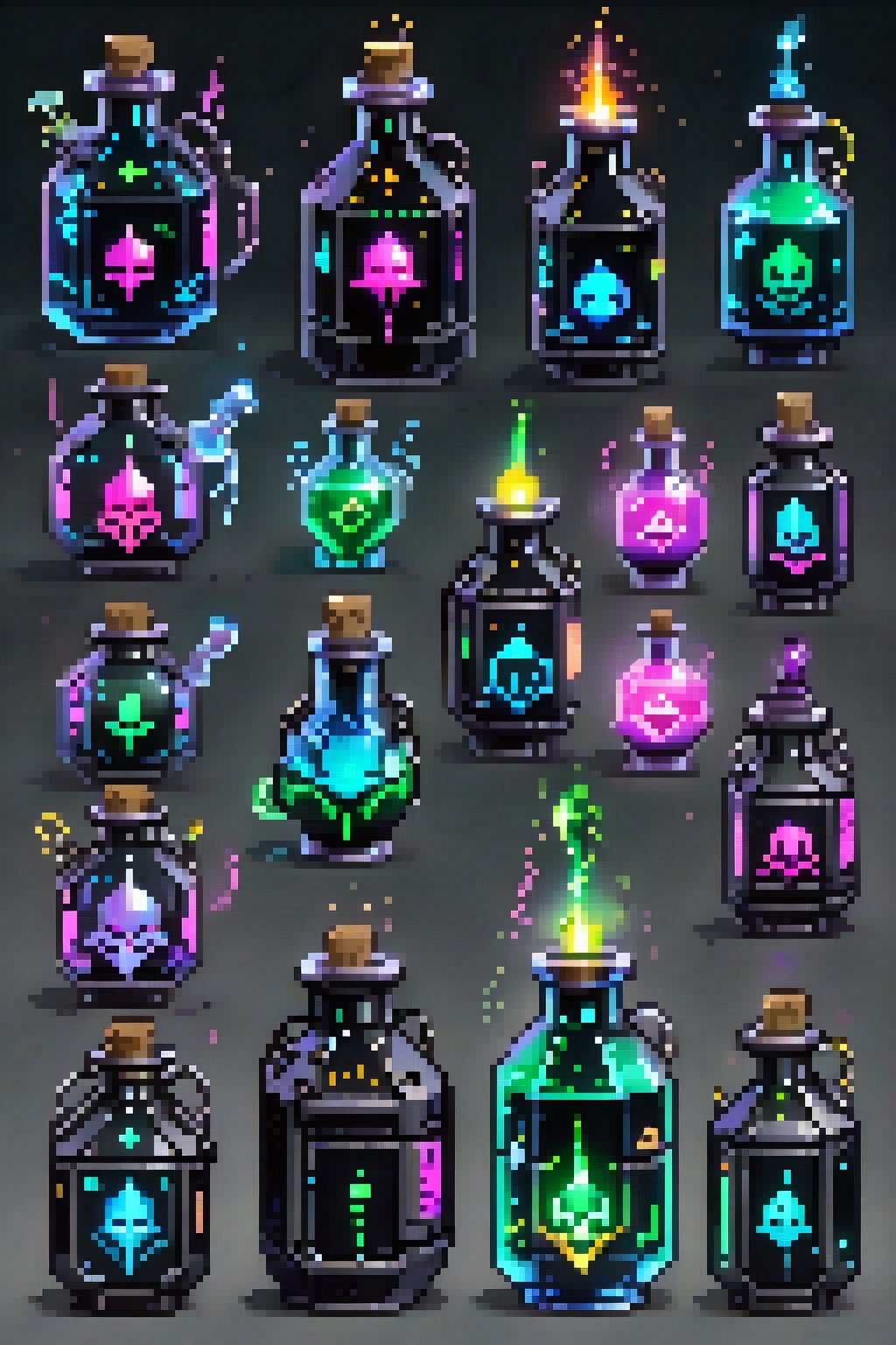 Array of cyberpunk style advanced technology potion bottles, Each item is an independent entity, Arranged in 2D game prop style, No overlapping, Solid gray-black background for easy clipping, High quality, Detailed, 2D style, Game asset, Each potion bottle has unique design, Cyberpunk aesthetics
,Crystal style,Cyberpunk