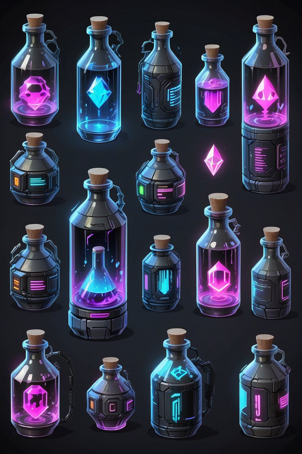 Array of cyberpunk style advanced technology potion bottles, Each item is an independent entity, Arranged in 2D game prop style, No overlapping, Solid gray-black background for easy clipping, High quality, Detailed, 2D style, Game asset, Each potion bottle has unique design, Cyberpunk aesthetics
,Crystal style,Cyberpunk